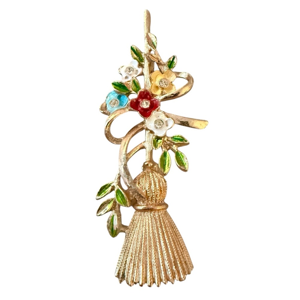 Unique Vintage Gold Broom Brooch with Colorful Flower and Bow Detail, 2.45” Tall